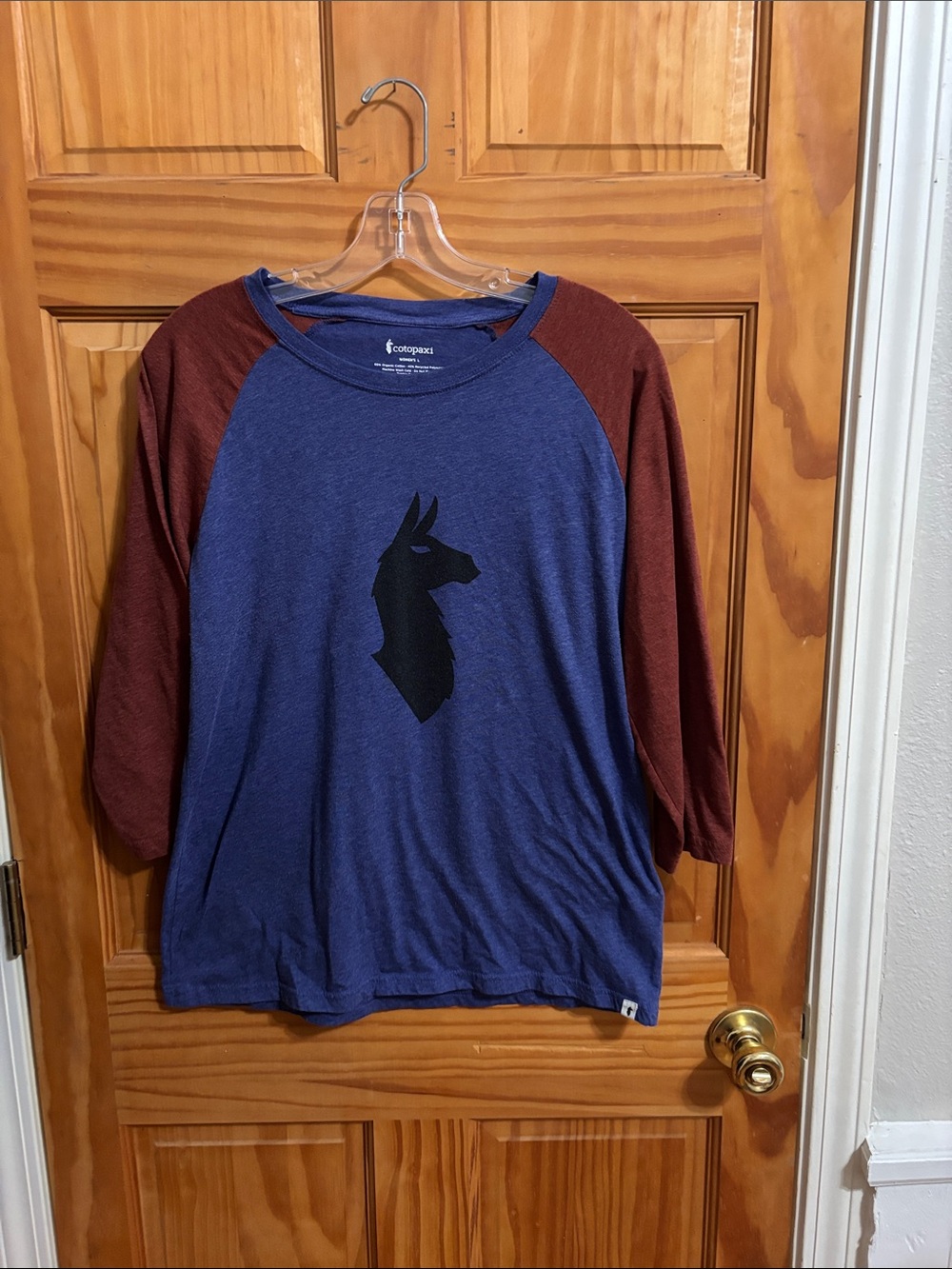 Cotopaxi Blue Long Sleeve Raglan Tee with Maroon Sleeves and Llama Graphic